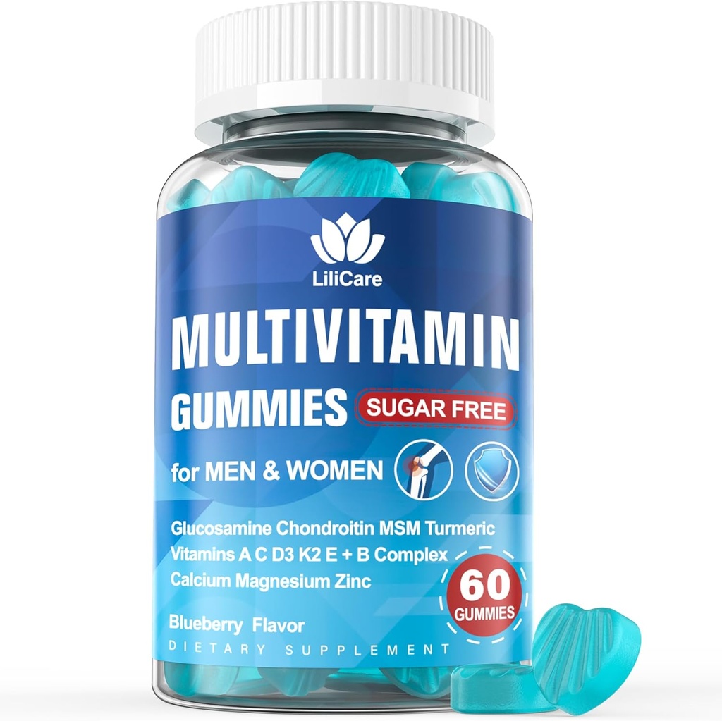 Hommes et femmes sans sucre multivitamine méthylée 50 Plus avec Glucosamine Chondroïtine MSM, Gommies sans fer pour les aînés avec multivitamine D3 K2 & A C E, complexe B - 60 Compte (paquet de 1)