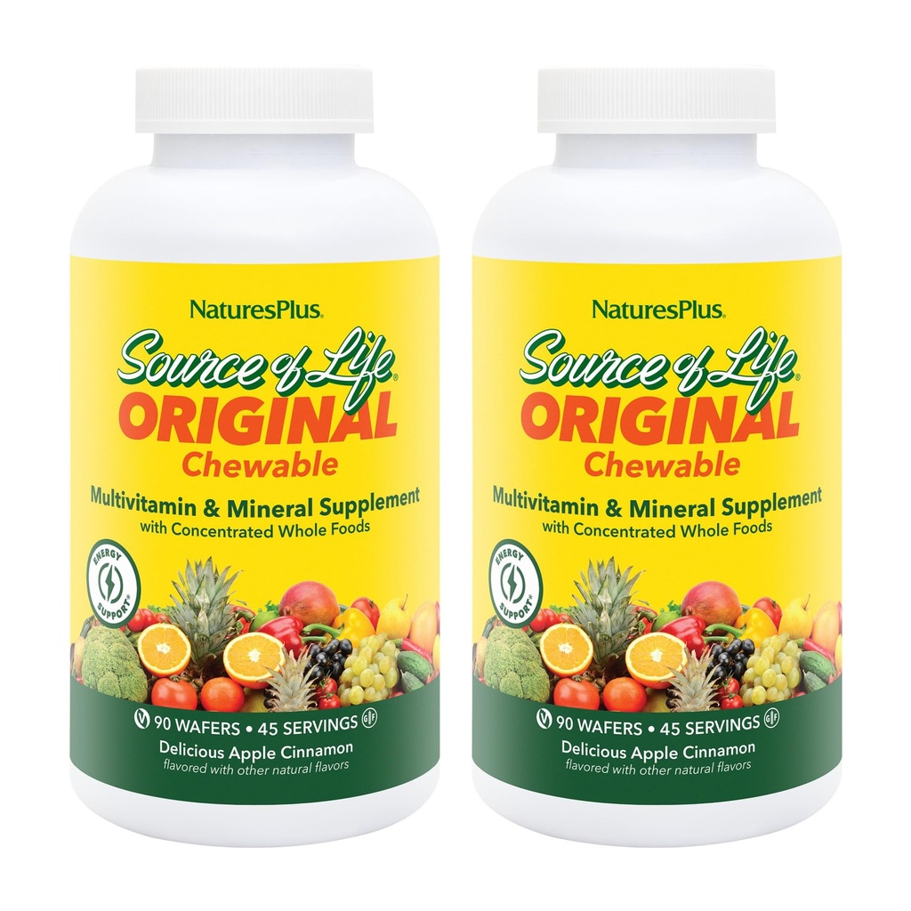 Natures Plus Source de vie Adultes Chewable, pomme cannelle - 90 Wafers, paquet de 2 - Multivitamine et supplément minéral - Sans gluten, végétarien - 90 Total des portions