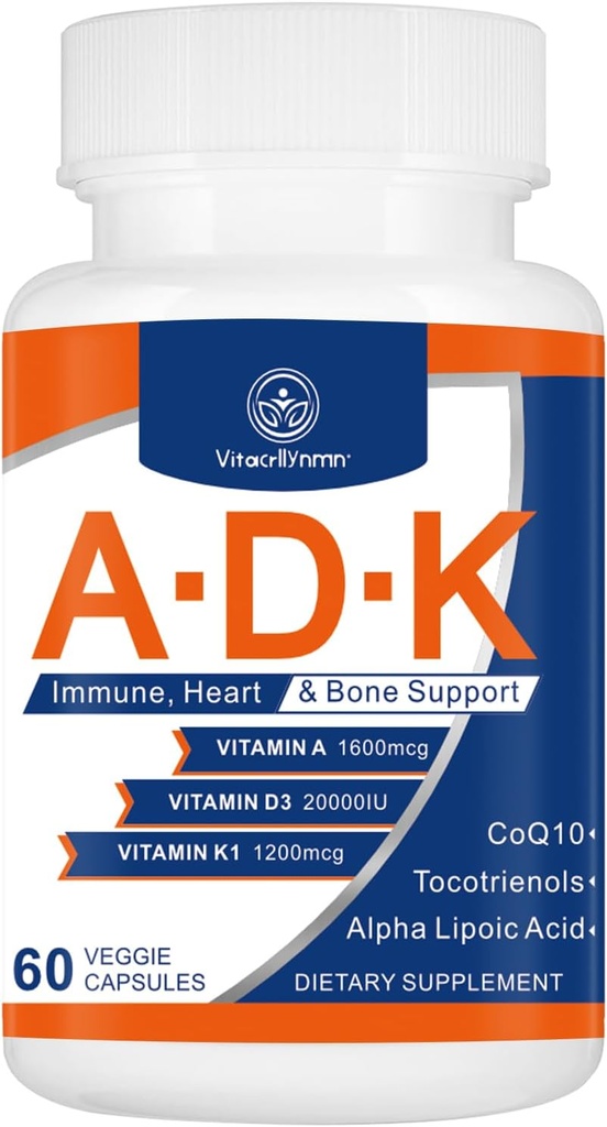 ADK Vitamin Supplement 20000 IU - High Potency Vitamins A, D3 and K1 for Heart, Bone Health and Immune Support Vitamin ADK 60 Capsules
