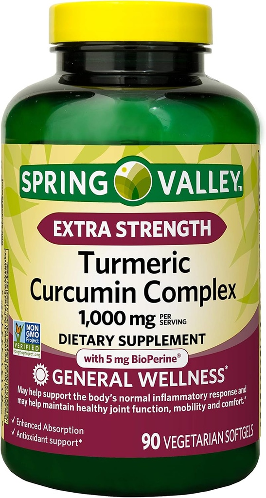 Spring Valley Extra Strength Turmeric Curcumin Complex Soft gels Dietary Supplement, 1,000 mg, 90 Count
