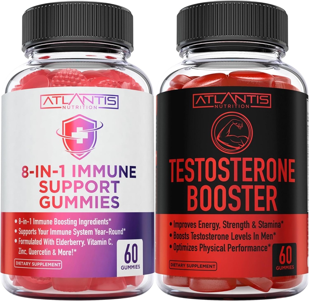 Atlantis Nutrition 8-en-1 Immune Support 60 Gommies + Booster Testostérone 2-Pack (120 Gommies)