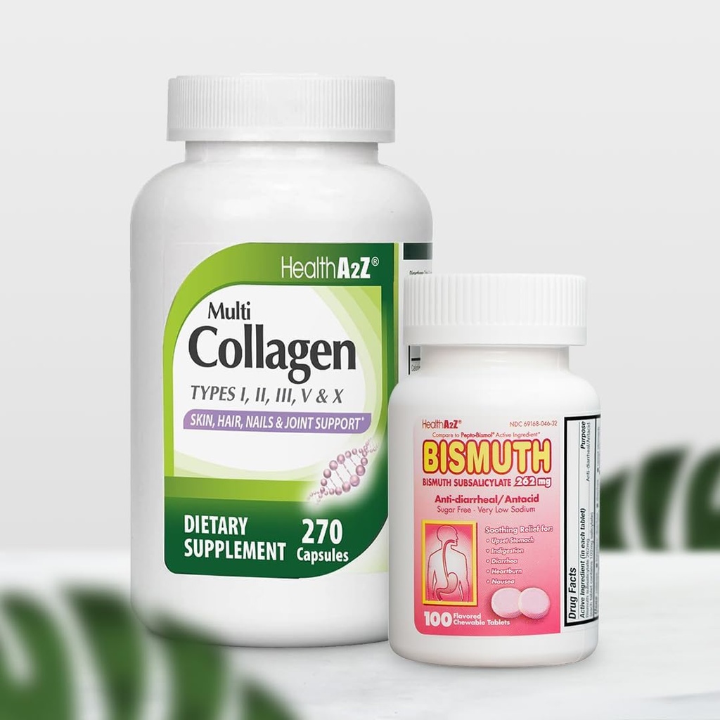 Ensemble d'économies Mega HealthA2Z® - Bismuth Subsalicylate 262 mg (100 comprimés) et pilules multicollagènes, 1735 mg (270 gélules de collagène)