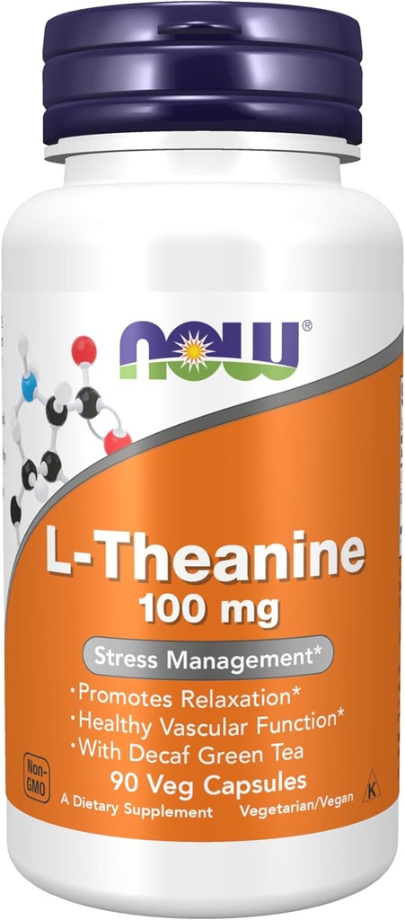 MAINTENANT Aliments suppléments, L-Theanine 100 mg avec thé vert décaf, gestion du stress*, 90 gélules de légumes