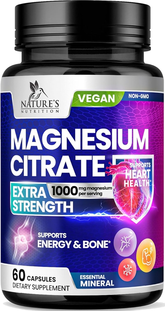 Supplément de Citrate de magnésium 1000mg - Suppléments de magnésium 3X pour os, muscles, coeur, soutien du sommeil de la nature pour les hommes et les femmes, Vegan Mag Mineral, non-OGM, mis en bouteille aux États-Unis, 60 Capsules