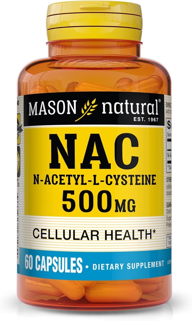 MASON NATURAL NAC N,Acetyl,L,Cysteine 500 mg, 2 Month Supply, Supports Normal Cellular Health, Immune System Booster for General Wellness, 60 Capsules