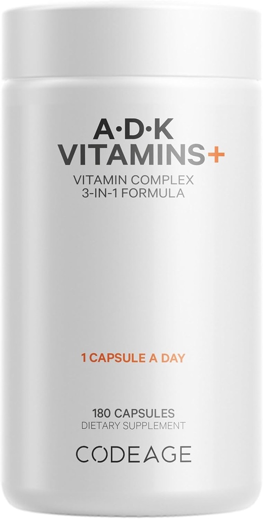 Supplément de vitamine ADK de codage - Vitamine essentielle A, D3 5000 UI, K1 et K2 (MK4 et MK7) - 6 mois - 1 capsule par portion, non-OGM, sans gluten - 180 capsules