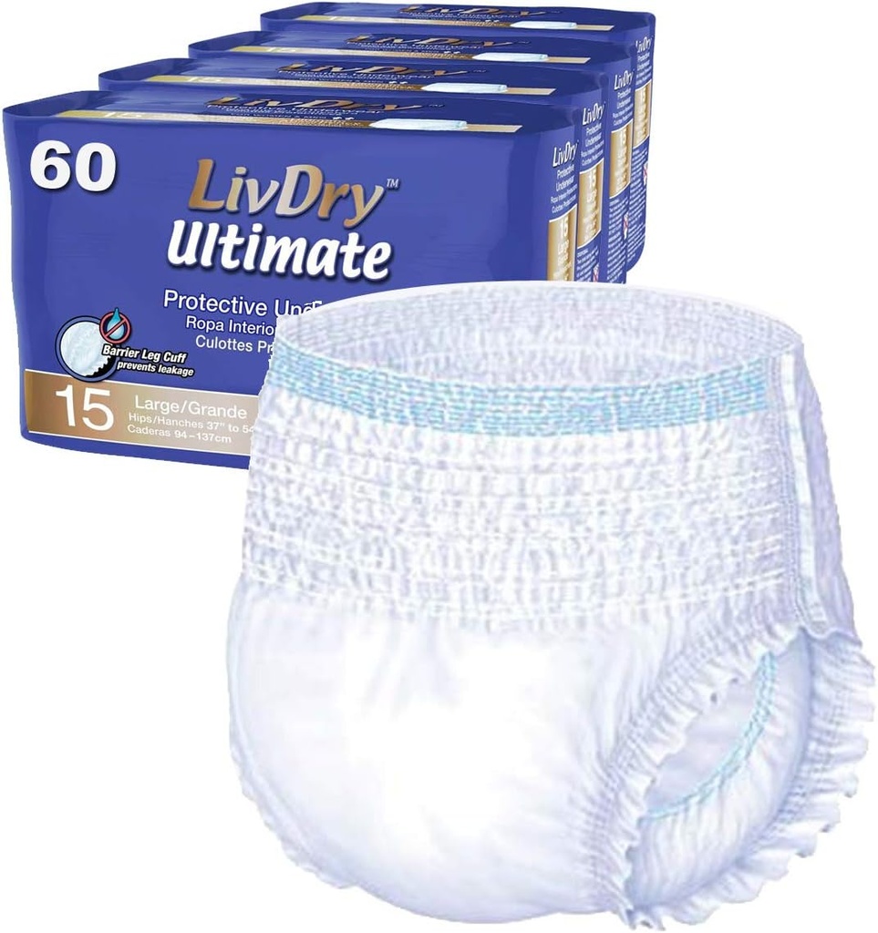 LivDry Large Ultimate Incontinence Sous-vêtements pour adultes, Haute Absorbence, Protection contre les coupures, L, 60-Pack