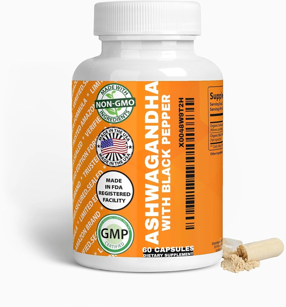 Générique Ashwagandha & Black Pepper Capsules, 1300mg & 10mg, 60 Compte, Boost Immunity & Mood Naturellement