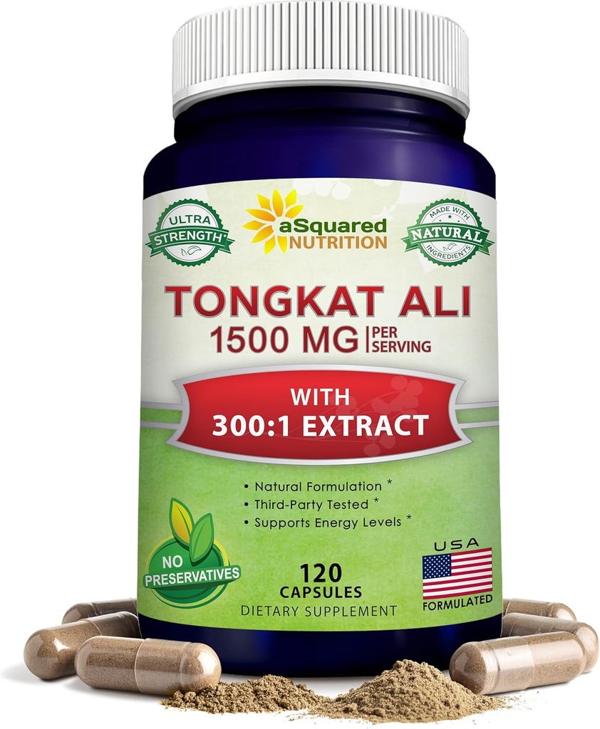 aSquared Nutrition Tongkat Ali 1500mg - 120 Capsules - Longjack (Eurycoma Longifolia) Supplément d'extrait et longues pilules de poudre de racine Jack - Tongkat Ali pour hommes et femmes