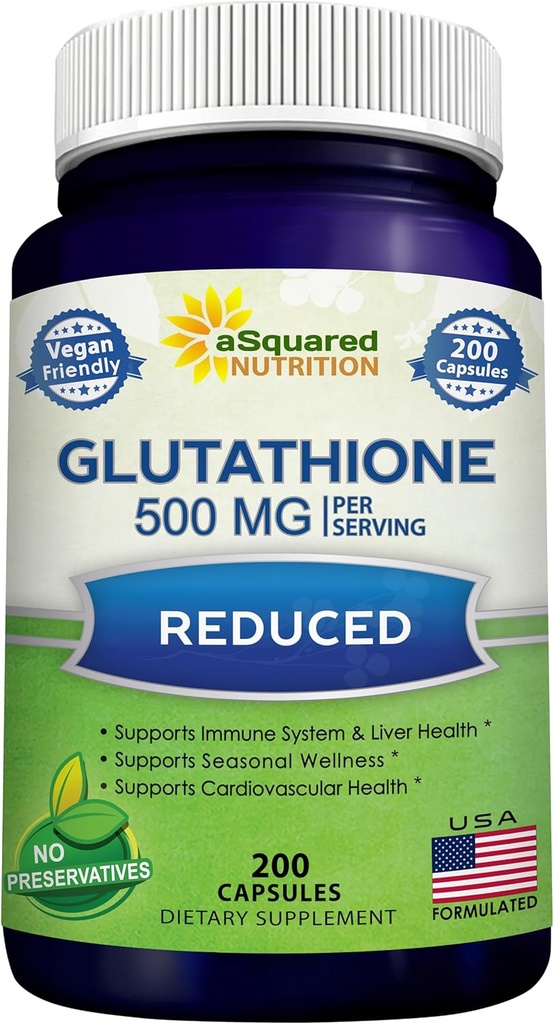 aSquared Nutrition Diminution du glutathion 500mg par supplément de service -200 Capsules -L-Glutathion Antioxydant pour soutenir la santé du foie et de la désintoxication - pilules en poudre Max Strength pour aider la fonction immunitaire et cérébrale