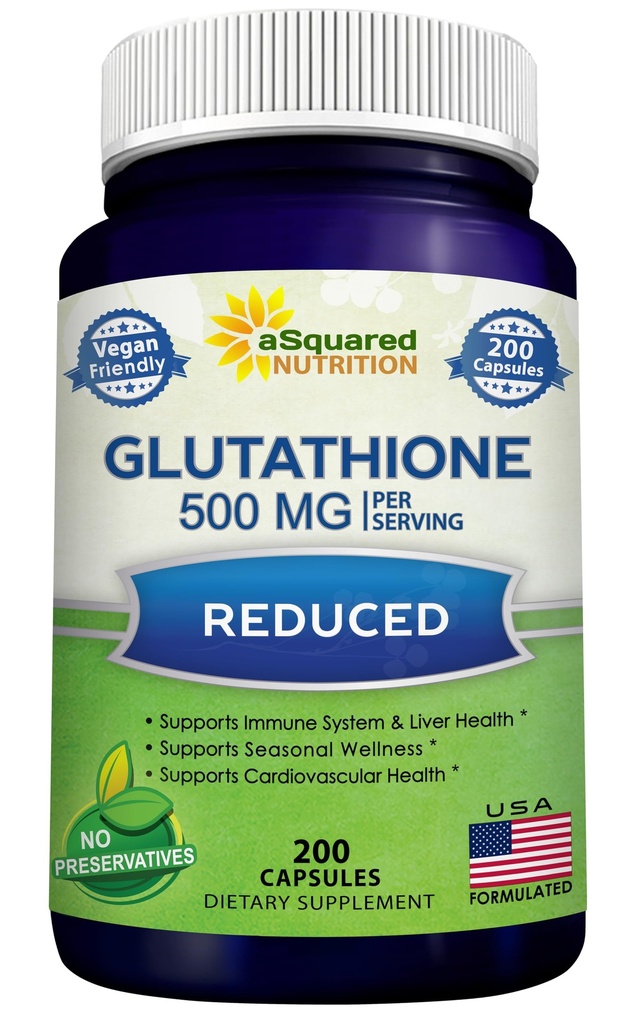 aSquared Nutrition Diminution du glutathion 500mg par supplément de service -200 Capsules -L-Glutathion Antioxydant pour soutenir la santé du foie et de la désintoxication - pilules en poudre Max Strength pour aider la fonction immunitaire et cérébrale
