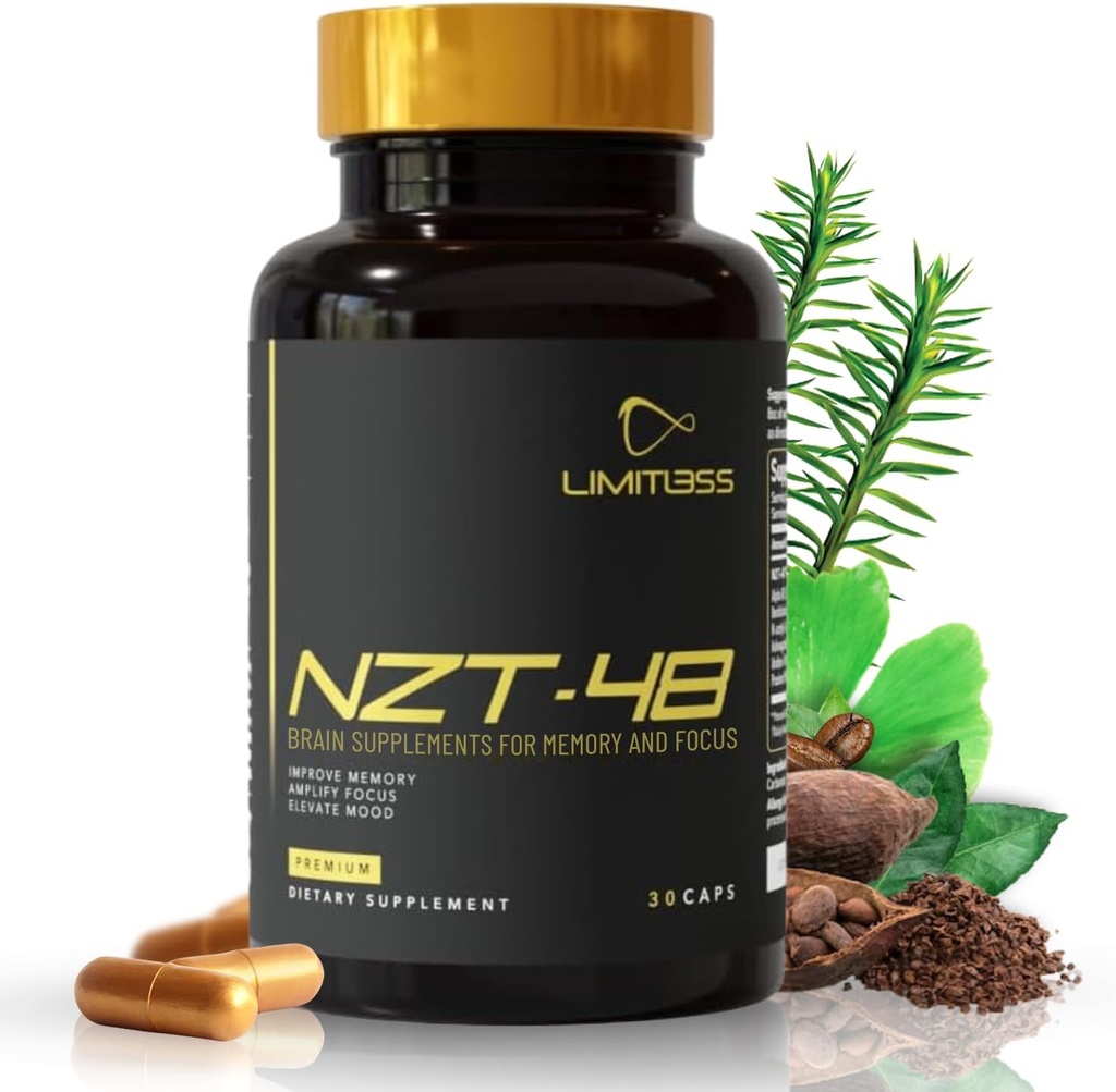 NZT-48 Cerveau Booster.com Suppléments Nootropic Cerveau pour mémoire et focus.com Supplément Premium Énergie Naturelle avec Caféine, Phosphatidylsérine, Vitamines B6 & B12, Ashwagandha.com 60 portions