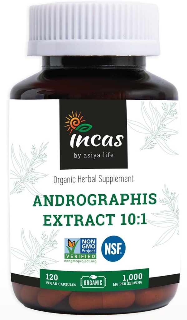 Incas Andrographis Capsules Max Andrographides - 1000mg Taille de la portion (120 capsules) - Études cliniques pour le système immunitaire Santé et non OGM Vérifié par NSF