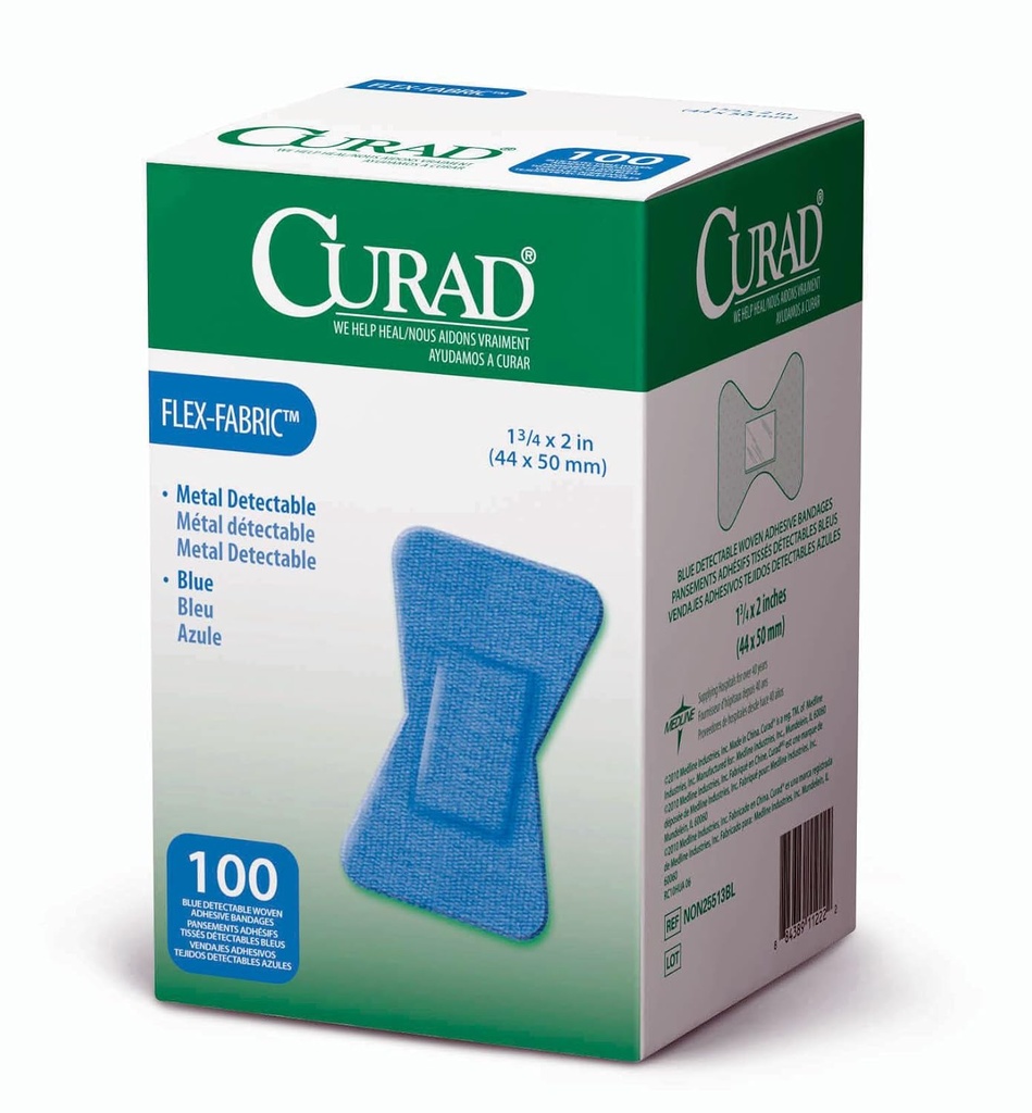 Bandes adhésives Curad Fingertip, Bandes détectables bleu service alimentaire, 100 Nombre, Fingertip 1,75" x 2" (Emballage peut varier)