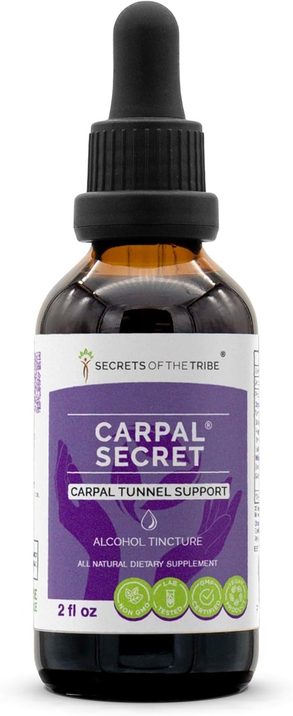 Extrait d'alcool secret carpien, teinture, glycérite Bromelain, ananas, curcuma, ginkgo, menthe poivrée, thym, basilic. Appui au tunnel carpien (2 FL OZ)