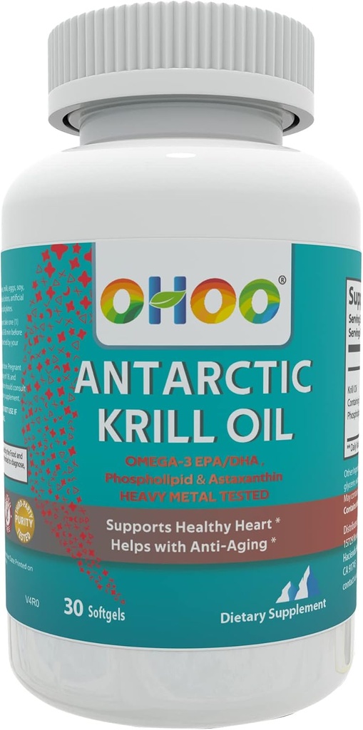 OHOO Antarctic Krill Oil 500mg Omega-3 EPA & DHA Supplément, Phopholipides, Astaxanthine antioxydante, soutient le coeur en santé et le supplément anti-âge sans arrière-goût de poisson, 30 Softgels