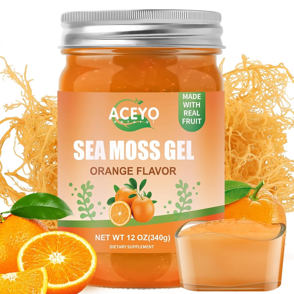 ACEYO (12 OZ) Gel de mousse de mer biologique cru végétalien orange aromatisé irlandais Seamoss 102 Vitamines et minéraux sauvage récolte non-OGM Immune Defense Booster Thyroïde Soutien digestif