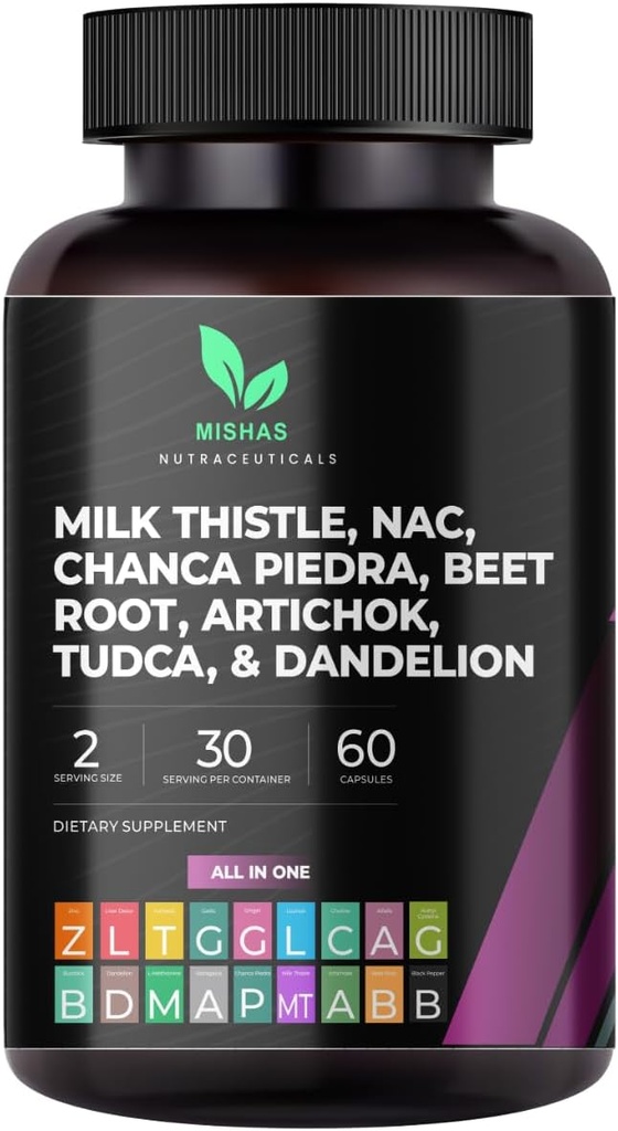 Mishas Nutraceuticals Lait Thistle Dandelion Racine, NAC et TUDCA Supplément – Soutient la santé du foie, le nettoyage du foie de la détox, du rein et du système respiratoire de la santé et de la digestion – 60 capsules véganes