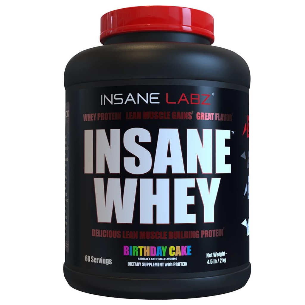 Insane Labz Insane Whey, 100% Muscle Building Whey Protein, Après l'entraînement, Profil BCAA Amino, Gainer de masse, Remplacement des repas, 5 livres, 60 Srvgs, (Cake du midi)