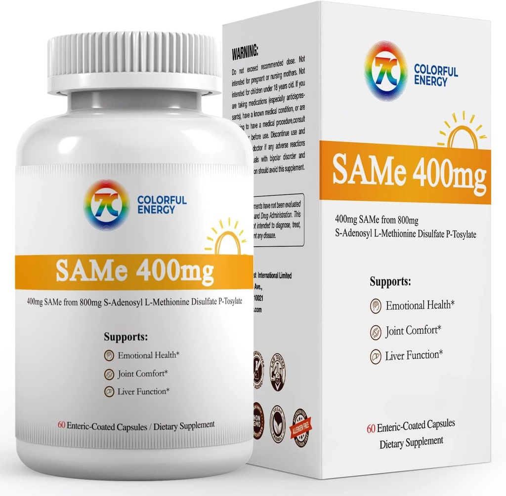 Supplément de 7c Sam e 400mg (S-Adénosylméthionine), vitamine B6, B12 ajouté pour améliorer l'efficacité de Sam-e, l'humeur et le confort articulaire, végétalien, non-OGM, sans gluten, 60 capsules enrobées entériques