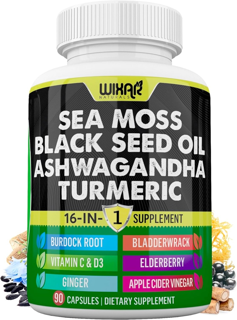 Wixar Sea Moss 3000mg Huile de graines noires 2000mg Ashwagandha 1000mg Turmeric 1000mg Bladderwrack 1000mg Burdock 1000mg & Vitamine C & D3 avec Elderberry Dandelion Yellow Dock Chlorophyll ACV - 90 capsules