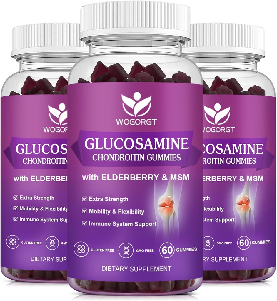 Glucosamine Chondroïtine Gommies avec MSM & Elderberry - 1500mg Glucosamine Chondroïtine Gommies Supplément pour la flexibilité et le soutien immunitaire pour les hommes et les femmes, 60 Gommies (3 Pack)