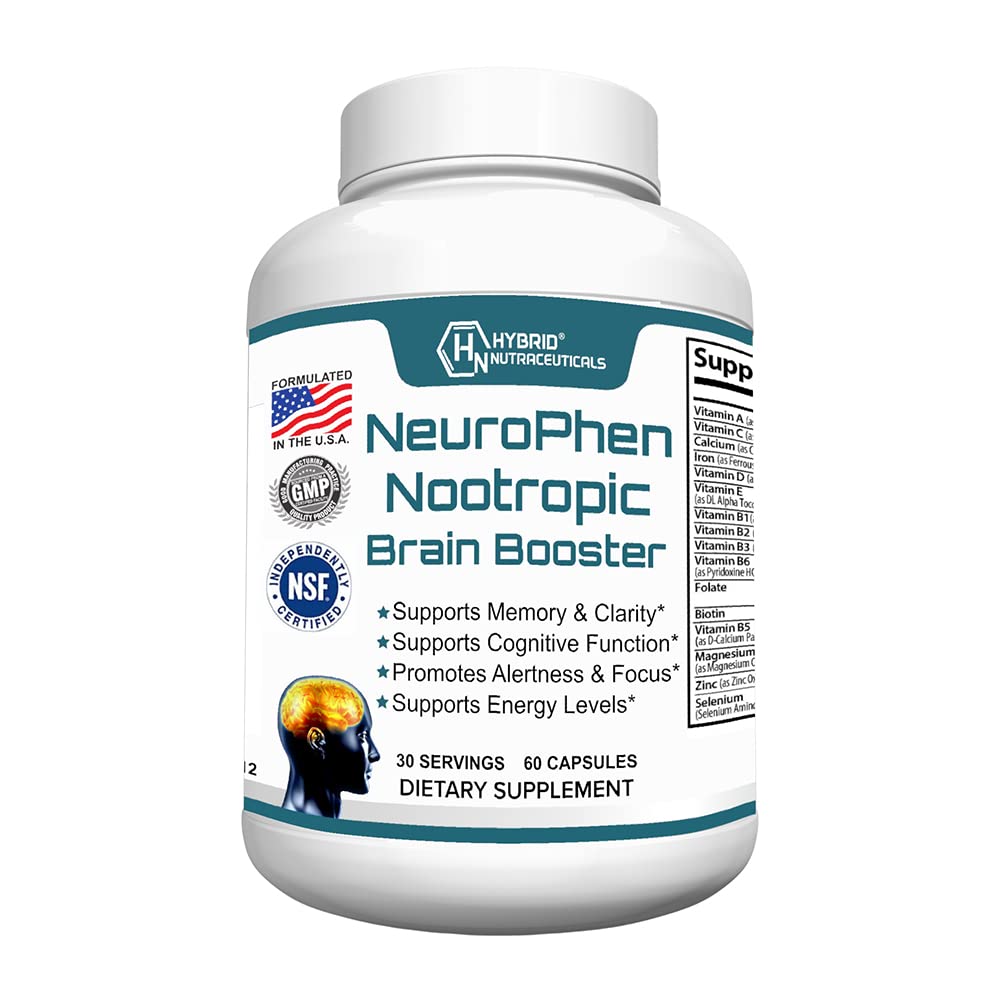Hybrid Nutraceuticals NeuroPhen Nootropics Brain Booster Supplement - Focus Supplement, Memory Supplement for Brain with Bacopa Extract, Phosphatidylserine, Huperzine A - 60 Capsules