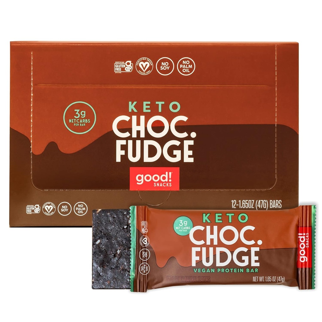 Tant mieux ! Snacks Chocolate Fudge Keto Protein Bar, végétalien, sans soja et sans gluten, substitut de repas à faible teneur en sucre, 11g de protéines élevées, Snack santé naturel, pour les athlètes et les modes de vie actifs, 3g de glucides nets, 12 bars