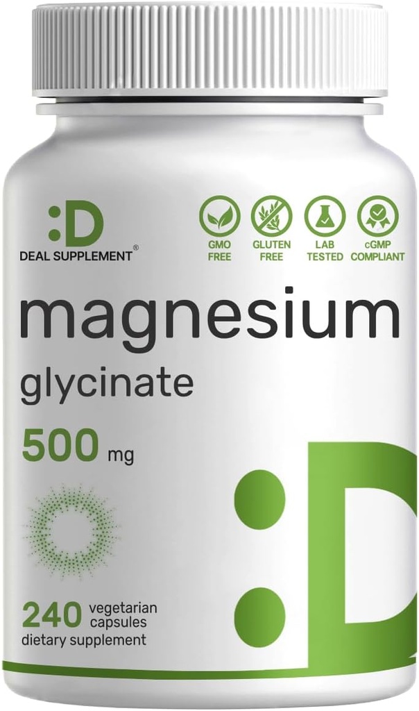 Magnésium Glycinate 500mg, 240 Capsules de Véggie. 100% Chélaté pour l'absorption facile.