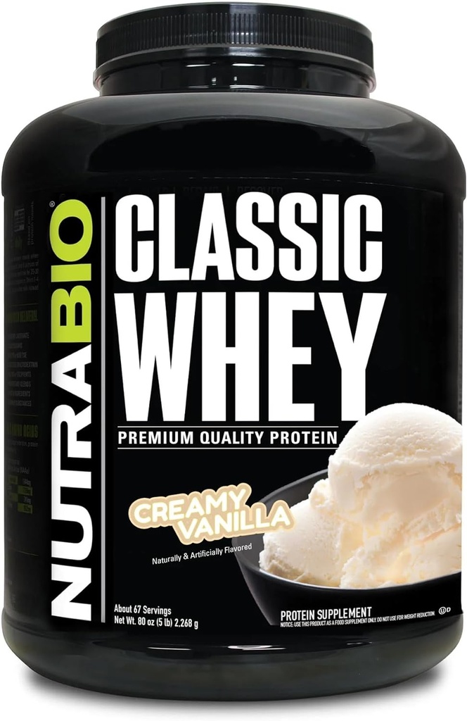 NutraBio Classic Whey Protein Powder - 25G de protéines par scoop - Profil d'acide amino à spectrum complet - Pas de remplissage, Couleurs artificielles, Préservatifs - Faible indice glycémique - Vanille crémeuse, 5 livres