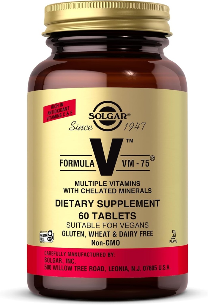 Formule de Solgar VM-75, 60 comprimés - Multivitamine avec des minéraux chélatés - Vitamine A, B6, B12, C, D, E - Biotine, Magnésium, Calcium, Fer, Zinc - Vegan, Sans gluten, Sans laiterie, Casher - 60 portions