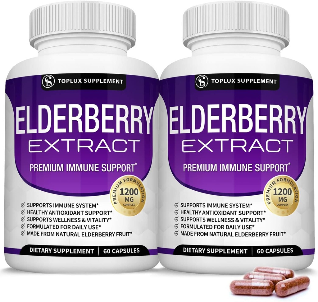Capsules de Elderberry bio avec extrait de Sambucus - Fruits de Elderberry purs pour le soutien immunitaire, la santé de la peau et puissant antioxydant, stimuler l'immunité pour les hommes et les femmes, 60 capsules de légumes, non-OGM et sans sucre
