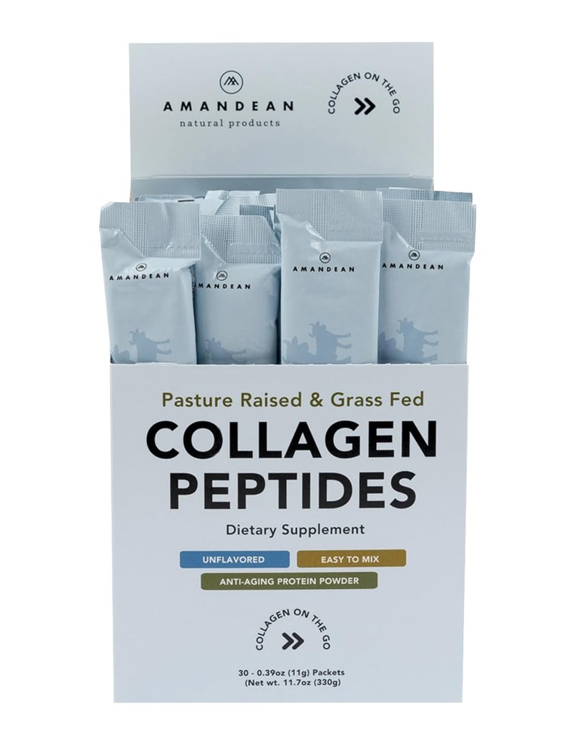 AMANDEAN Collagen Peptides Powder Packets , 30 Packs de Stick Individual , Protéines de collagène hydrolysées , non aromatisées , facile à mélanger , facile à mélanger , facile à voyager , favorise la santé Gut , peau , cheveux , ongles .