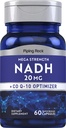 Piping Rock NADH Coq10 Supplément de 20 mg de 60 capsules Mega Strength Pills de 20 mg de NADH, formule sans gluten