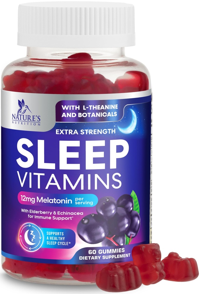 Gommies de sommeil avec la mélatonine 12 mg - Vitamine de sommeil extra-forte, Gommy de mélatonine naturelle, Supplément de soutien de sommeil occasionnel pour les adultes, végétalien, non-OGM, Gomitas para Dormir - 60 Gommies