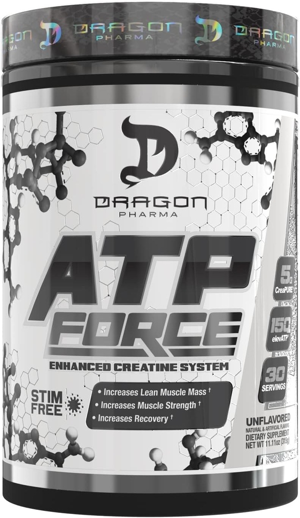 DRAGON PHARMA ATP Force système de créatine amélioré, Stim-libre, augmenter la masse musculaire maigre et la récupération, 5 grammes de créaPure, améliore le flux sanguin (30 portions, non aromatisé)