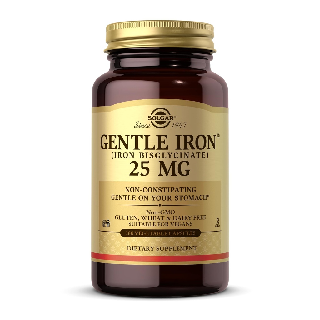 Solgar en fer doux (bisglycinate de fer) 25 mg - 180 Capsules végétales - Non constipant, doux sur votre estomac - Non-OGM, sans gluten - 180 portions