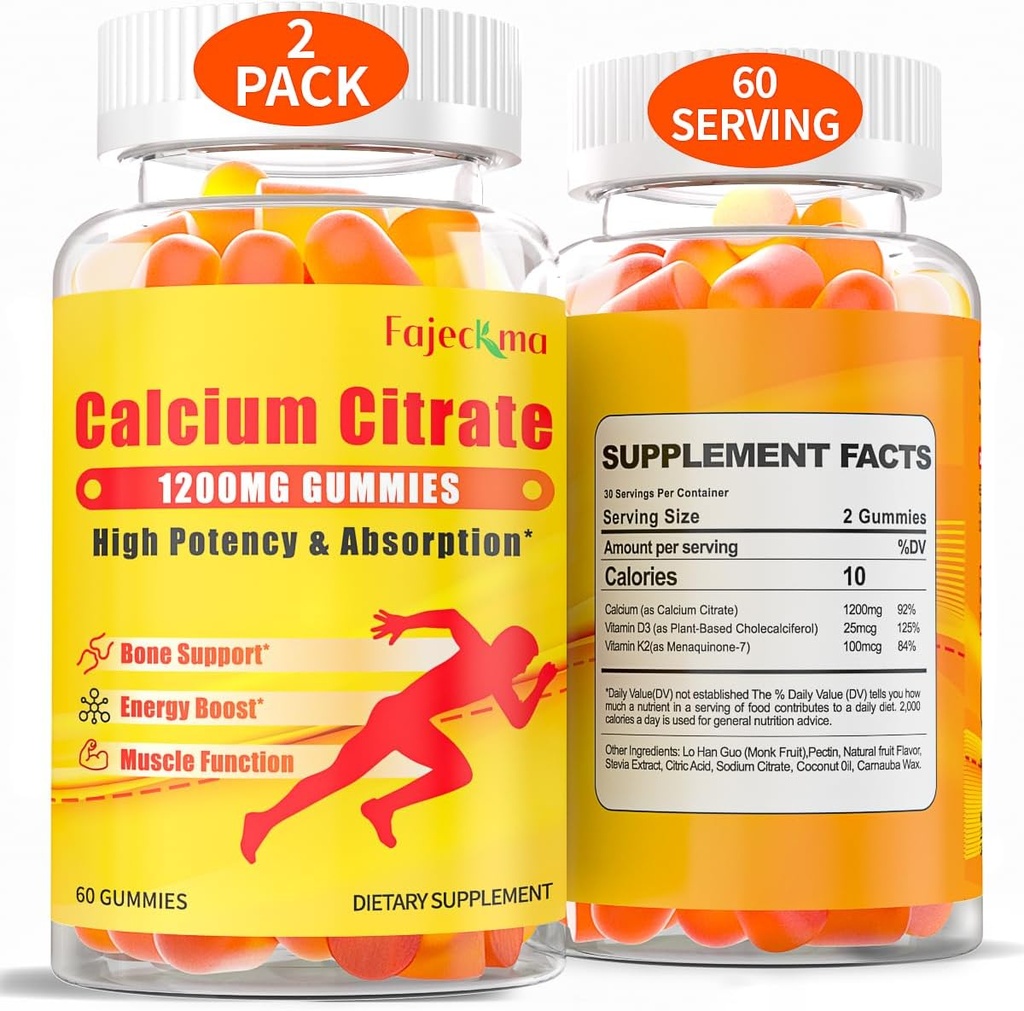 1200mg Citrate de calcium Gommies pour adulte: Supplément de vitamine végétalienne sans sucre avec D3 K2 - Femmes Hommes Supplément haute absorption pour les dents osseuses (60 comtes (paquet de 2))