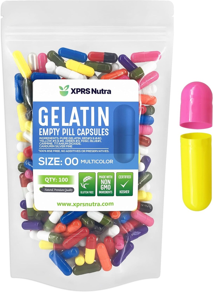 XPRS Nutra Taille 00 Capsules vides - 100 Compte Capsules de gélatine vides - Pills Bricolage Capsule Remplissage - Capsules de gel de pilule rechargeable pour les suppléments Do-It-Youlf (Multi Color)