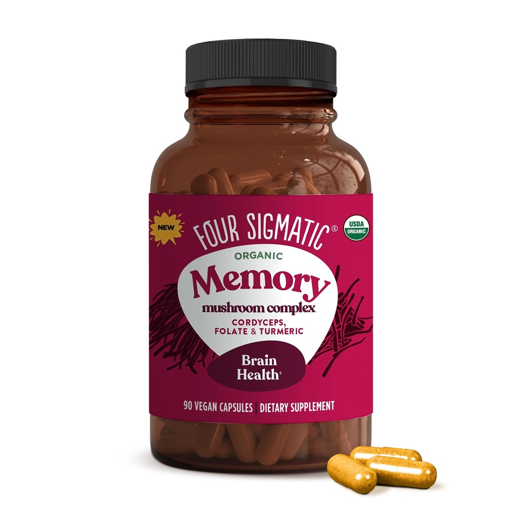 Quatre capsules de mémoire Sigmatic Réduisez le brouillard cérébral et améliorez la mémoire. Supplément nootrope pour le soutien du cerveau avec le champignon Cordyceps, Gotu Kola, Turmeric, Ashwagandha & Folate.