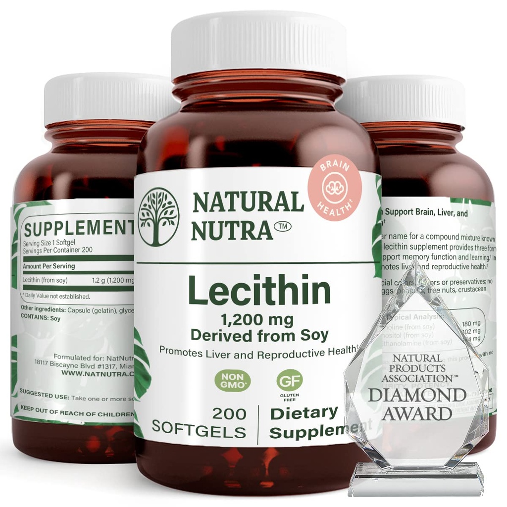 Natural Nutra Soy Lécithine 1200 mg Complément diététique - Fonction cérébrale, Santé du foie, Améliorer la santé du Procréant, Supplément stimulant - Sans gluten, sans BPA, 200 softgels dans des bouteilles en verre recyclable