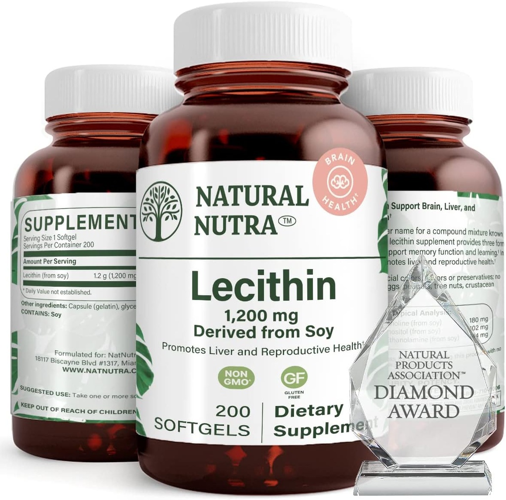 Natural Nutra Soy Lécithine 1200 mg Complément diététique - Fonction cérébrale, Santé du foie, Améliorer la santé du Procréant, Supplément stimulant - Sans gluten, sans BPA, 200 softgels dans des bouteilles en verre recyclable