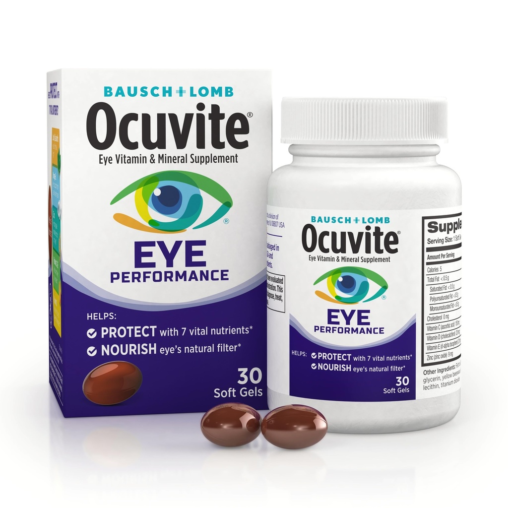 Ocuvite Performance Eye Vitamine & Mineral Supplement, Lutéine et Zeaxanthin Suppléments, Vitamines C, D, E, Zinc et Omega-3, aide à protéger les yeux du soleil et de la lumière bleue, 30 Softgels