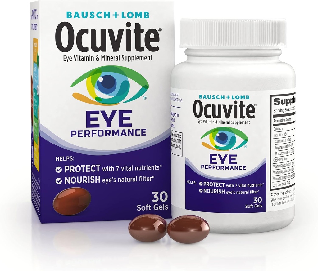 Suppléments de vitamine et minérale, suppléments de lutéine et de zéaxanthine, vitamines C, D, E, zinc et oméga-3, aide à protéger les yeux du soleil et de la lumière bleue, 30 softgels