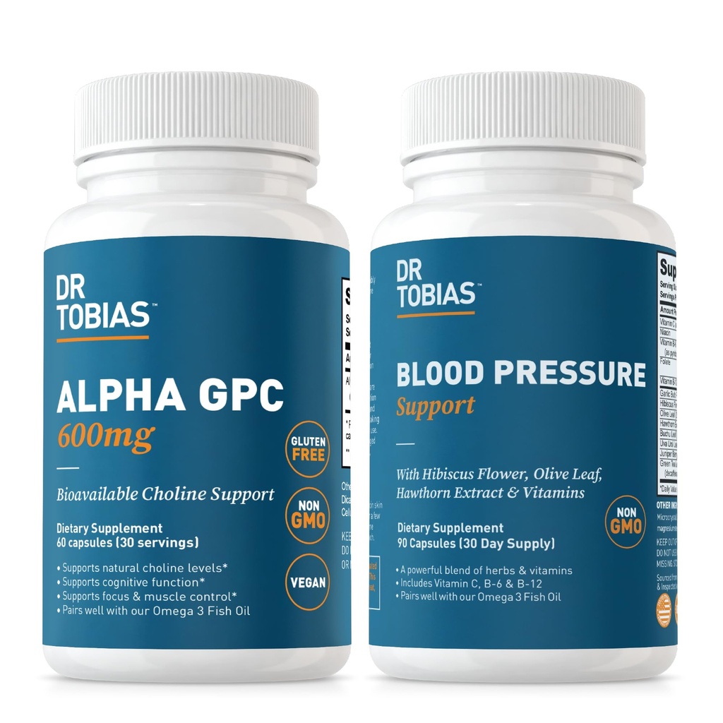 Dr. Tobias Alpha GPC & Blood Pressure Support - Support Cognitive Function & Circulatory Wellness with Bioavailable Choline Supplement, Herbs & Vitamins, Non-GMO