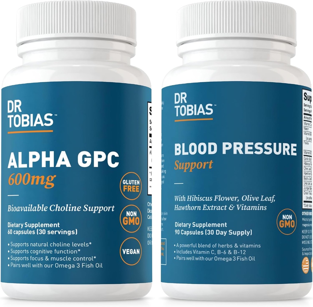 Dr. Tobias Alpha GPC & Blood Pressure Support - Support Cognitive Function & Circulatory Wellness with Bioavailable Choline Supplement, Herbs & Vitamins, Non-GMO