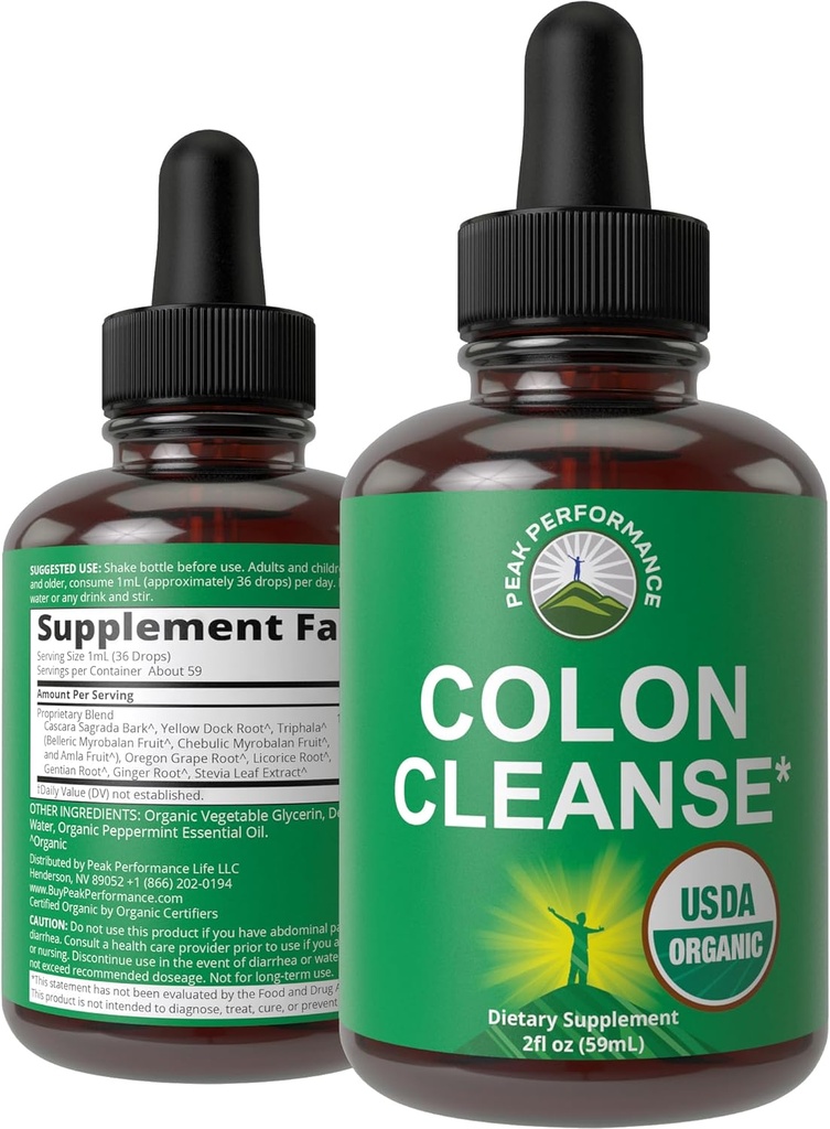 USDA Organic Colon Cleanse Liquid Drops. Vegan, Kosher Colon Cleanser & Detox Supplement with 10+ Super Gentle Organic Herbal Ingredients Including Cascara Sagrada Bark and Yellow Dock Root