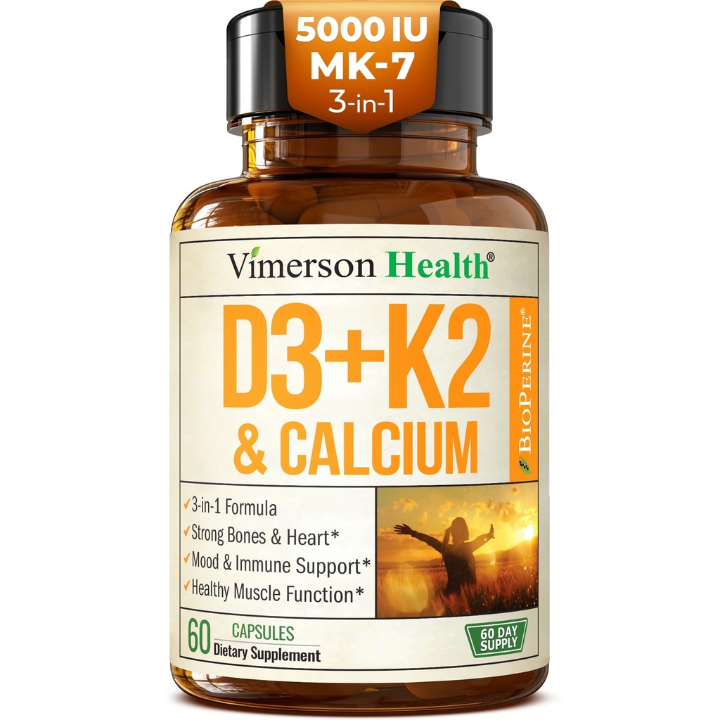 Supplément vitamine D3 K2 – All-in-1 pour la santé immunitaire, osseuse et cardiaque avec vitamine D + vitamine K (sous forme de MK7) – K2 D3 (5000 UI) Supplément vitamine avec poivre noir pour absorption maximale, 60 capsules