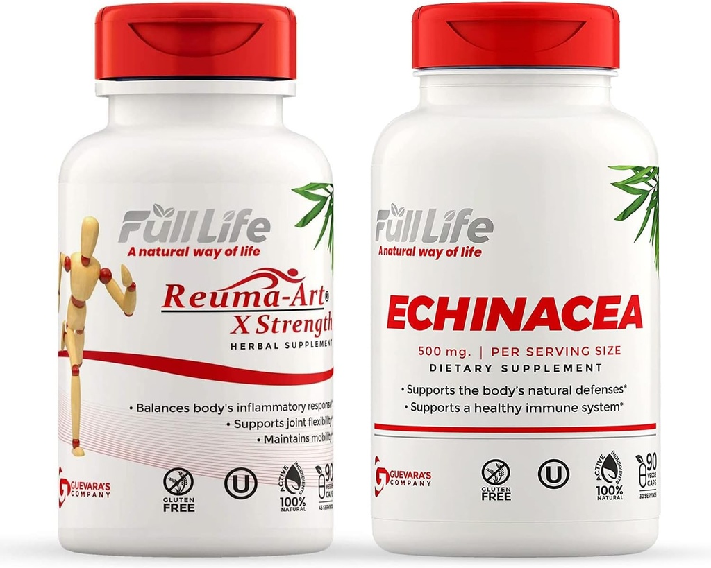 Full Life Reuma-Art X Strength et Echinacea Capsules - Supplément de soutien articulaire - Echinacea Purpurea Extract - Casher, sans gluten - 90 capsules de légumes