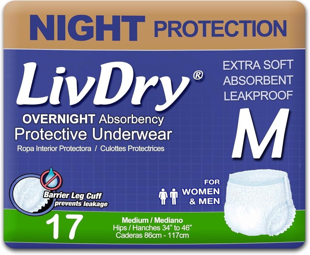 LivDry Adulte M Incontinence Sous-vêtements, Absorbance de confort nuit, Protection contre les fuites, Moyen, 17-Pack